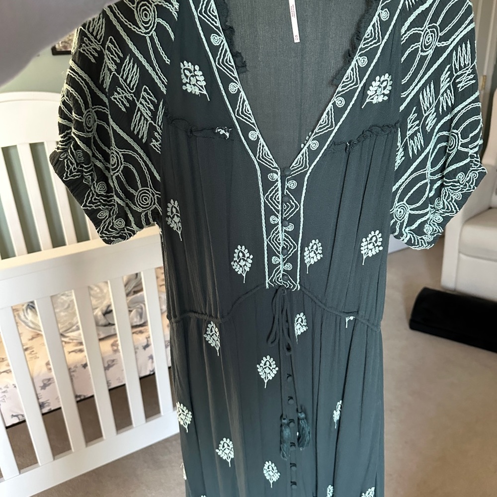 Urban Outfitters Dark Teal and Aqua Embroidered Boho Maxi Dress